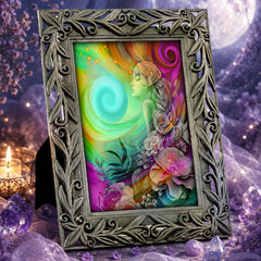 Framed mini print  featuring rainbow goddess art called "Flower Child" by Primal Painter