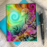 Colorful story card with envelope  featuring rainbow goddess art called "Flower Child" by Primal Painter