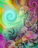 rainbow fantasy art by Primal Painter with pink and blue swirls, a young girl's profile with flowers in her hair, and a border of pastel flowers