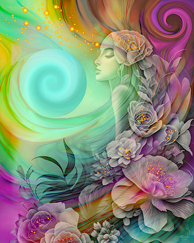 rainbow fantasy art by Primal Painter with pink and blue swirls, a young girl's profile with flowers in her hair, and a border of pastel flowers