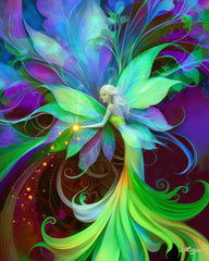 A colorful fantasy art print featuring a fairy with green, blue, and purple hair and a flowing dress, surrounded by abstract foliage and flowers by Primal Painter.