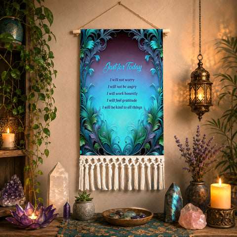 A vertical wall hanging tapestry with a teal and purple ornate border and the printed Reiki Principles in light blue and dark text, displayed on a wall in a styled room with candles, crystals, plants, and a lantern.