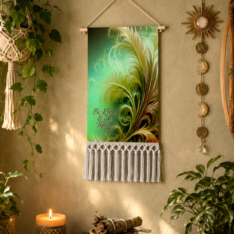 A bohemian-style woven wall tapestry hanging on a textured beige wall, decorated with a macrame plant hanger, a gold sunburst wall decor piece, and a lit candle. The tapestry features a vibrant green and teal background with a stylized feather design in shades of green, gold, and brown, and the text 'Be Kind to all Things' written in a cursive font.