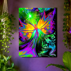 Stretched canvas print called From Dark to Light by Primal Painter featuring a colorful abstract Reiki angel figure, intended as a spiritual and metaphysical art piece. Hanging on a purple wall
