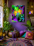 Stretched canvas print called From Dark to Light by Primal Painter featuring a colorful abstract Reiki angel figure, intended as a spiritual and metaphysical art piece. Hanging in a purple boho  meditation space