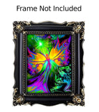 From Dark to Light by Primal Painter is a chakra art rainbow angel print with bright butterfly wings in rainbow spectrum.  Meditation, spiritual art. Framed in an ornate black frame. 