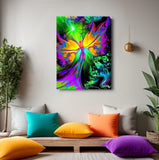 Stretched canvas print called From Dark to Light by Primal Painter featuring a colorful abstract Reiki angel figure, intended as a spiritual and metaphysical art piece. Hanging above a meditation bench