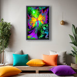 From Dark to Light by Primal Painter is a chakra art rainbow angel print with bright butterfly wings in rainbow spectrum.  Meditation, spiritual art. Hanging on the wall over a meditation area. 