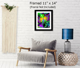From Dark to Light by Primal Painter is a chakra art rainbow angel print with bright butterfly wings in rainbow spectrum.  Meditation, spiritual art. Framed and hanging over a chair. Text frame not included