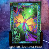 Colorful acrylic light featuring a rainbow fairy art print with a stained glass effect border, Light Turned off. 