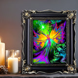From Dark to Light by Primal Painter is a chakra art rainbow angel print with bright butterfly wings in f rainbow spectrum.  Framed on a shelf with altar cancles. 