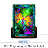 Colorful acrylic light featuring a rainbow angel artwork with stained-glass-effect border, usb plug