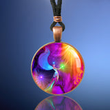 round antique copper finished necklace with colorful rainbow angel art sealed under a glass dome 