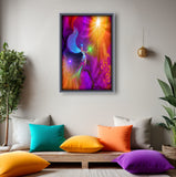 Rainbow reiki angel with a very bright fuchsia and purple background with orange highlights, green starbursts. Art Print called The Gift by Primal Painter. Framed hanging over a meditation space with colorful pillows