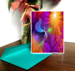 A colorful art greeting card with a depiction of an angel in a vibrant, abstract background, placed on a greeting card organizer with a brightly colored envelope. Art by Primal Painter