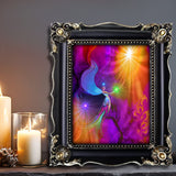 Rainbow reiki angel with a very bright fuchsia and purple background with orange highlights, green starbursts. Art Print called The Gift by Primal Painter. Framed on a shelf with candles
