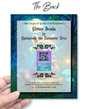 The back of a Colorful greeting card that says Glitter Bomb by Glamarella the Dumpster Diva, with a QR code for  Primal Painter