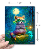 Dimensions of a Colorful greeting card with an illustration of a magical raccoon with rainbow fur and a glowing wand under a full moon, created by Primal Painter.