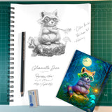 Pencil sketch of a diva raccoon sitting on a stump with handwritten notes and the full-color finished greeting card at the bottom.