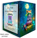 Front and back of a Colorful greeting card with an illustration of a magical raccoon with rainbow fur and a glowing wand under a full moon, created by Primal Painter.