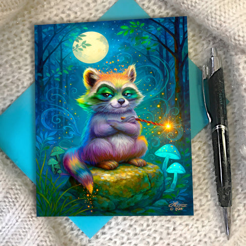 Colorful greeting card with an illustration of a magical raccoon with rainbow fur and a glowing wand under a full moon, created by Primal Painter.