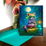 Colorful greeting card with an illustration of a magical raccoon with rainbow fur and a glowing wand under a full moon, created by Primal Painter.