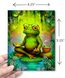 Dimensions of a colorful greeting card with a frog wearing glasses in a meditative pose, illustrated by Primal Painter.