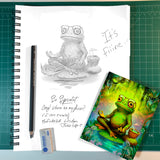 Pencil sketch of a frog meditating on a lily pad with handwritten notes and the full-color greeting card on the bottom. 