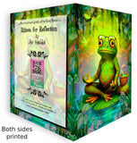 Front and back of a colorful greeting card with a frog wearing glasses in a meditative pose, illustrated by Primal Painter.