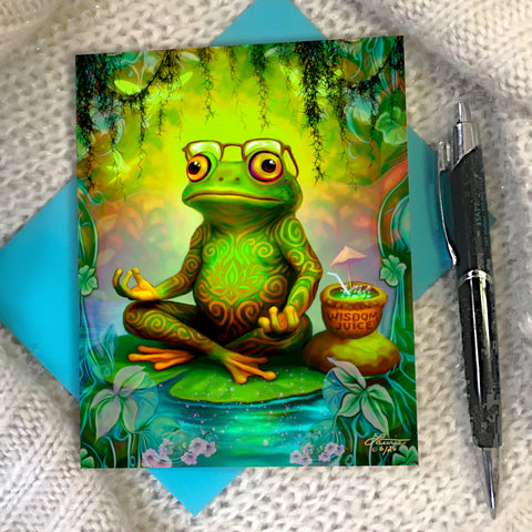 Colorful greeting card with a frog wearing glasses in a meditative pose, illustrated by Primal Painter.
