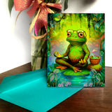 Colorful greeting card with a frog wearing glasses in a meditative pose, illustrated by Primal Painter.