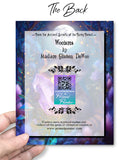 The back of a Greeting card with an Illustration of a cute raccoon holding a glowing crystal in a fantasy forest setting. Created by Primal Painter