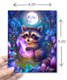 Dimensions of a Greeting card with an Illustration of a cute raccoon holding a glowing crystal in a fantasy forest setting. Created by Primal Painter