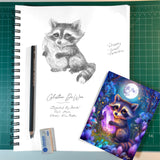 Pencil sketch of a raccoon holding a crystal and the finished full-color greeting card at the bottom. 
