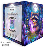 Opened frong and back of a Greeting card with an Illustration of a cute raccoon holding a glowing crystal in a fantasy forest setting. Created by Primal Painter