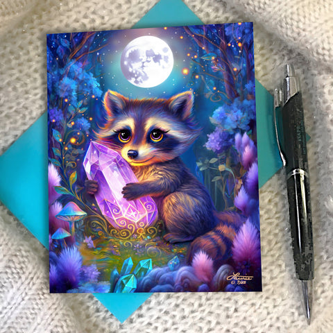 Greeting card with an Illustration of a cute raccoon holding a glowing crystal in a fantasy forest setting. Created by Primal Painter