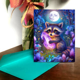 Greeting card with an Illustration of a cute raccoon holding a glowing crystal in a fantasy forest setting. Created by Primal Painter