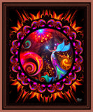 Red fairy art with a swirls and gold sparkles of magic surrounded by a circular mandala border of red and orange patterns called "Gratitude Mandala" with a brown frame