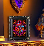 Red fairy art with a swirls and gold sparkles of magic surrounded by a circular mandala border of red and orange patterns called "Gratitude Mandala" with a black frame sitting on a shelf