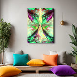 A canvas print called Growth by Primal Painter featuring a pastel green and yellow angel figure, with a Reiki-inspired metaphysical art theme. Hanging over a meditation bench. 