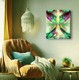 A canvas print called Growth by Primal Painter featuring a pastel green and yellow angel figure, with a Reiki-inspired metaphysical art theme. Hanging over a chair