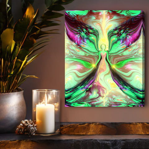 A canvas print called Growth by Primal Painter featuring a pastel green and yellow angel figure, with a Reiki-inspired metaphysical art theme. Hanging over a shelf