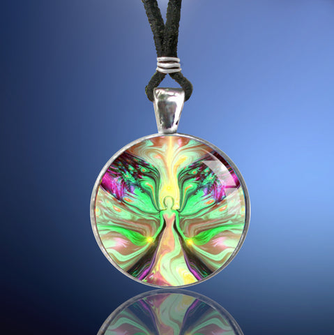 Handmade necklace featuring a metaphysical art print sealed under a glass dome of a pastel green, yellow, and pink angel with flowing patterns