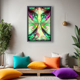 Nature themed Spiritual Art Print with an angel symbolizing Mother Nature by Primal Painter in soft pastel greens, yellows and pinks. Framed hanging over a meditation space with colorful pillows