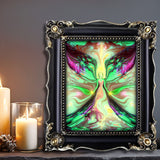 Nature themed Spiritual Art Print with an angel symbolizing Mother Nature by Primal Painter in soft pastel greens, yellows and pinks. Framed on a shelf with candles