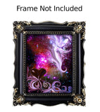 Abstract art print called The Guardian by Primal Painter featuring a stylized, multicolored depiction of a guardian angel with a heart symbol, moons, starts, and a goddess face in the bottom right. Text that says Frame Not Included