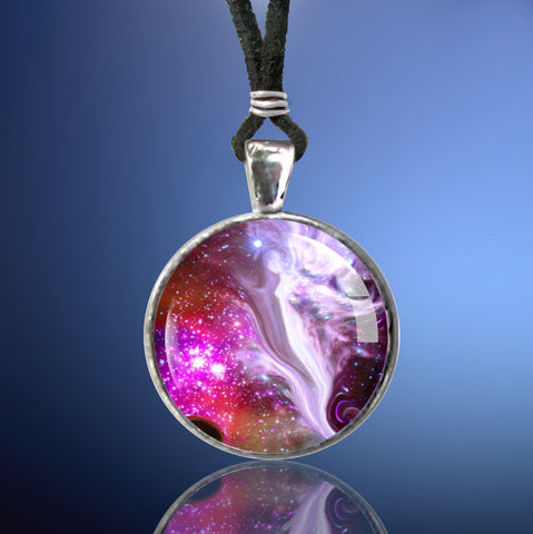 Handmade fuchsia and white angel necklace in the reiki-inspired energy art line of chakra jewelry by Primal Painter.
