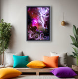 Abstract art print called The Guardian by Primal Painter featuring a stylized, multicolored depiction of a guardian angel with a heart symbol, moons, starts, and a goddess face in the bottom right. Framed hanging over a meditation space wth  colorful pillows