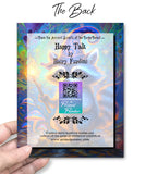 The back of a Colorful greeting card of a raccoon wearing a wizard hat and carrying a wand with a psychedelic background created by Primal Painter. 