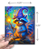 Dimensions of a colorful greeting card of a raccoon wearing a wizard hat and carrying a wand with a psychedelic background created by Primal Painter. 